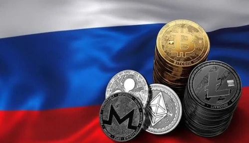 Russian Flag With Cryptocurrencies