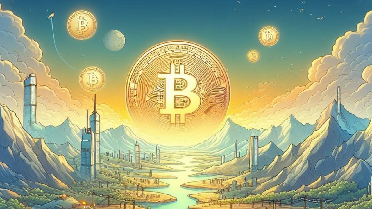 Yellow themed image with multiple Bitcoins going to the moon