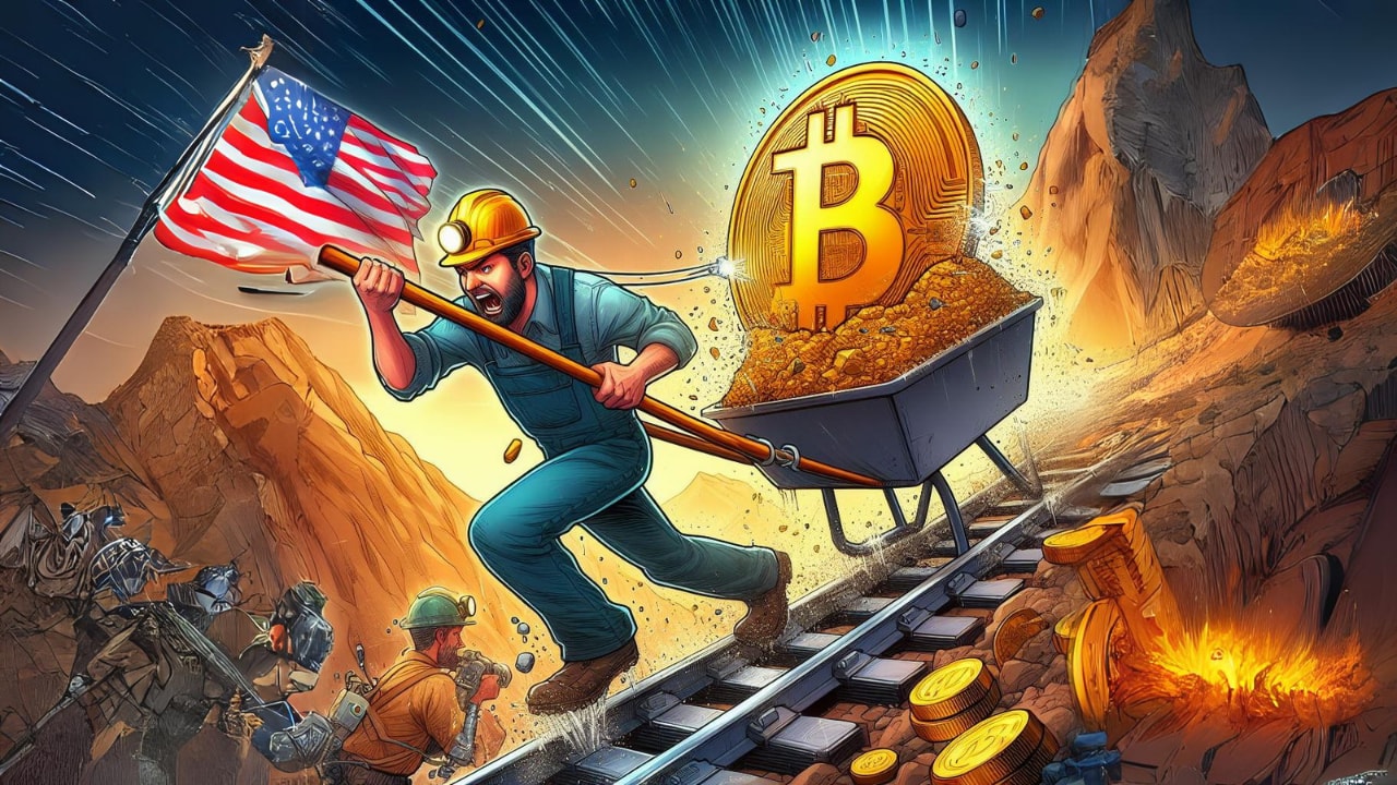 An image that includes a miner, bitcoin and us flag, it's showing how miners are struggling due to increased hashrate
