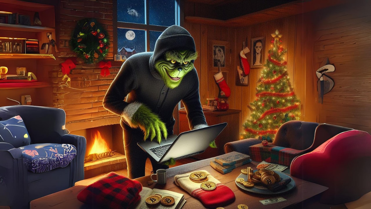 Green faced monstrous hacker doing phishing attack with his laptop, christmas background theme