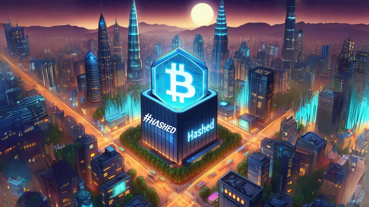 Futuristic Image of Buildings on which Bitcoin logo and Hashed logo are there 