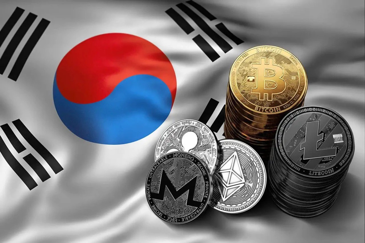 Image of South Korea Flag and various other crypto currencies.
