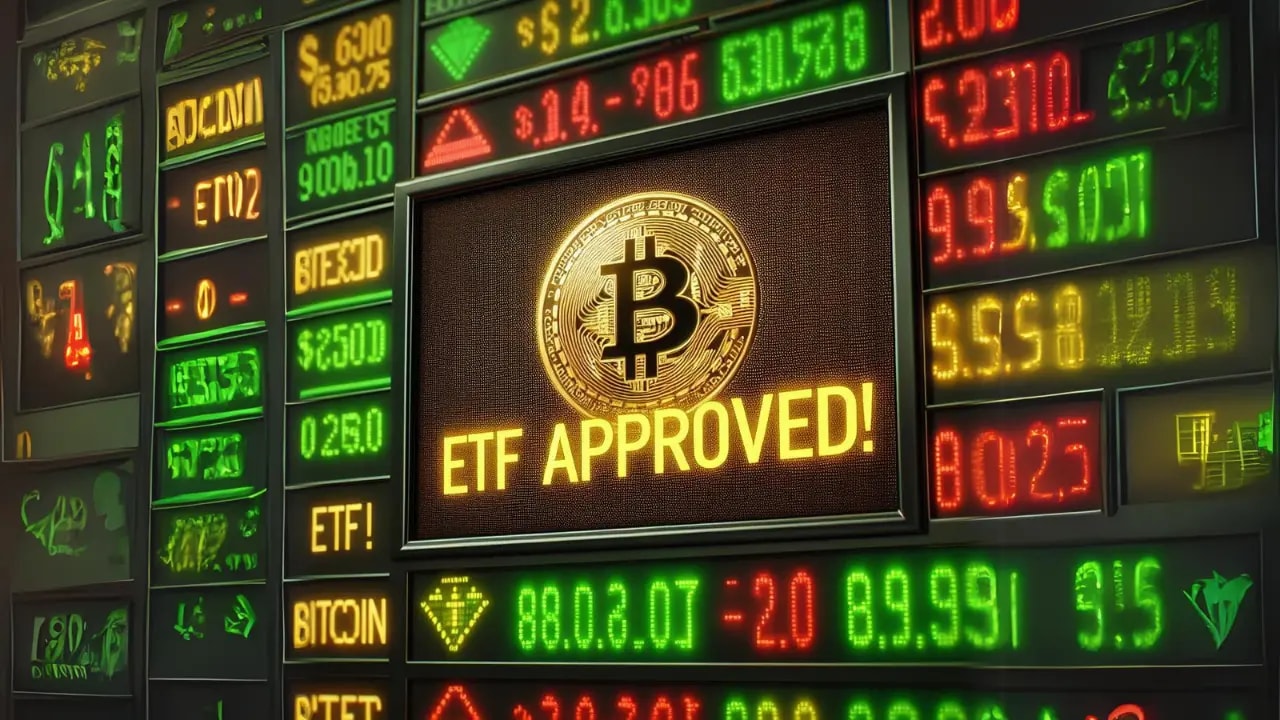 Bitcoin Logo with prices around it, with the text ETF approved