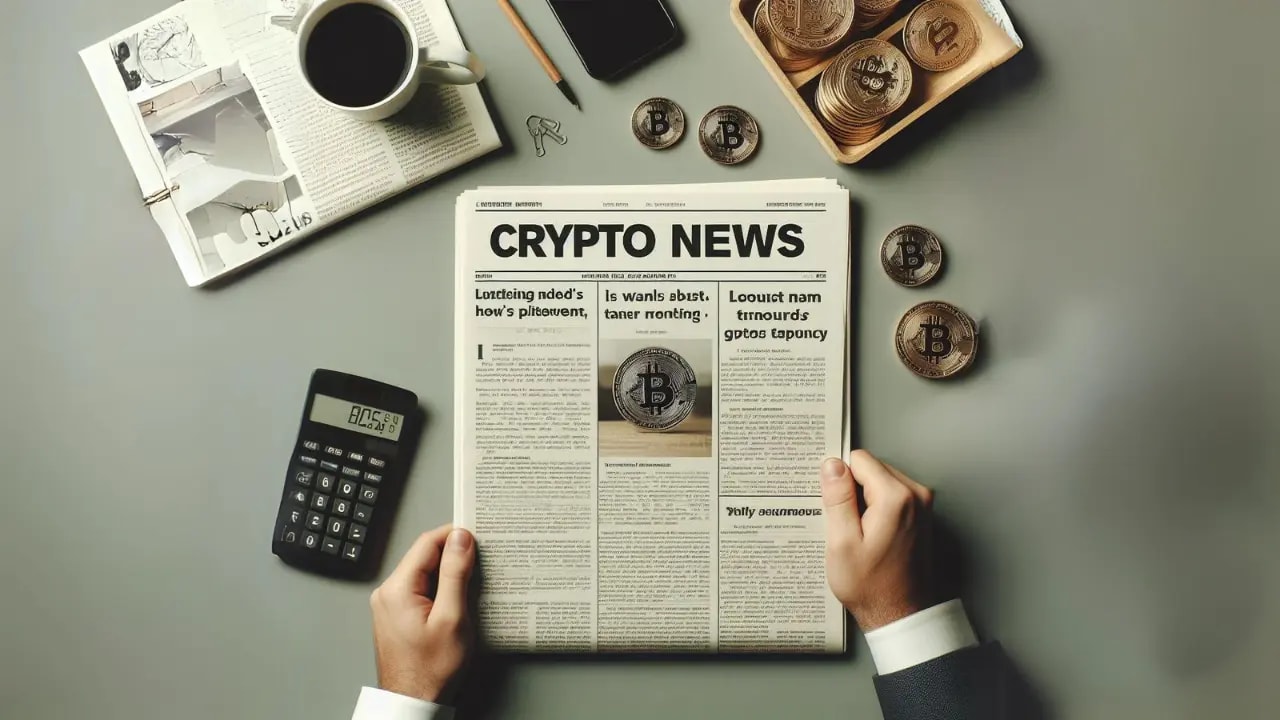 a man reading news paper while bitcoin and coffee are on his table