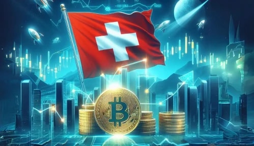 Futuristic Switzerland Flag and Bitcoin Logo