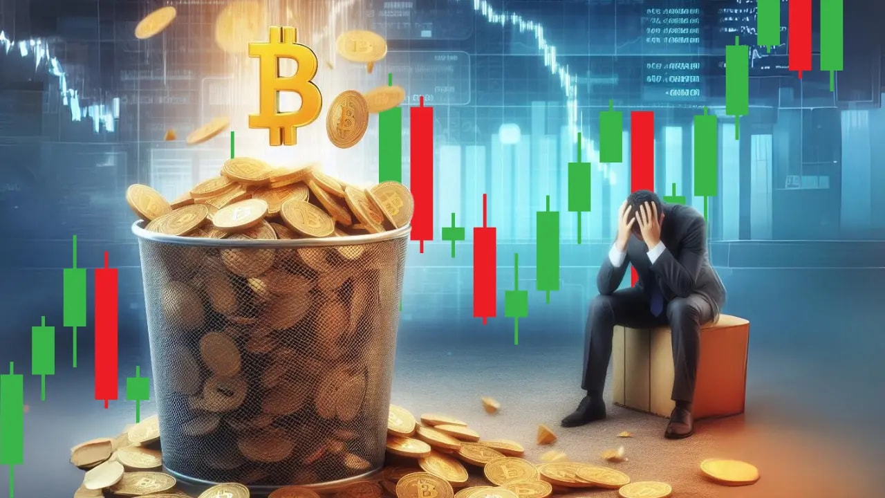 Bitcoin chart falling down, man is sitting sad
