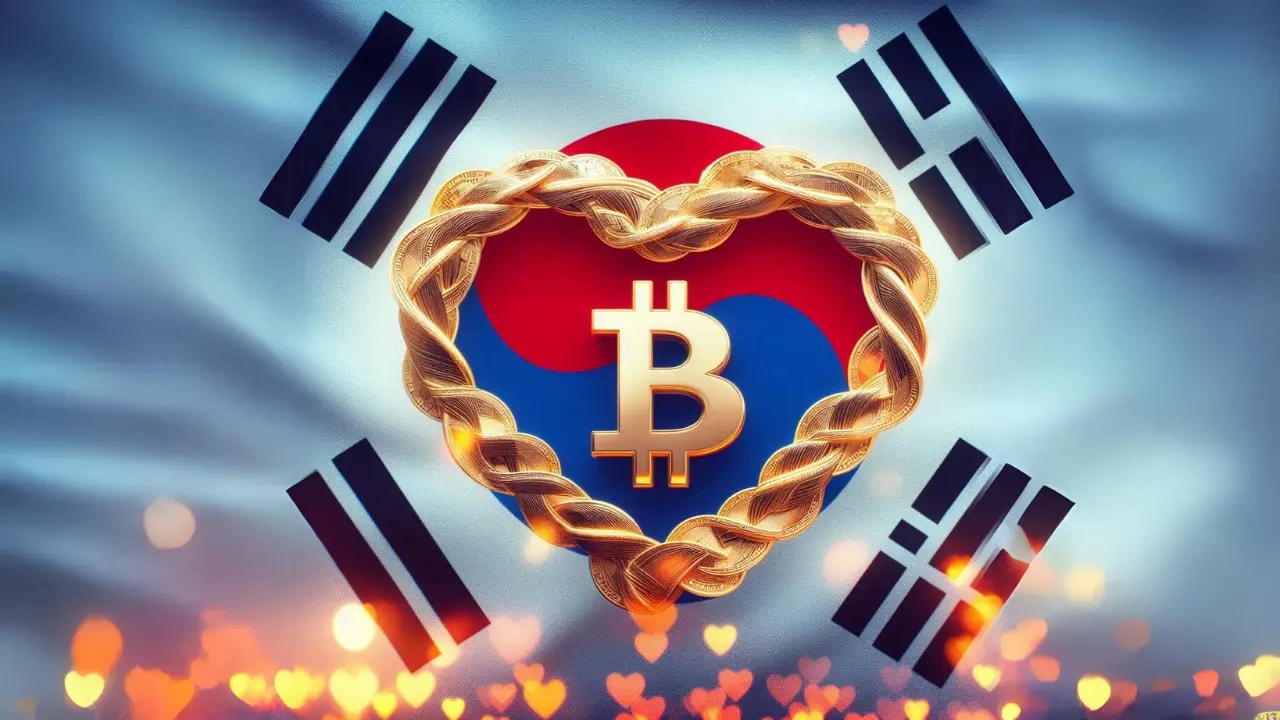 Bitcoin logo infused with south korean flag, showing love scam