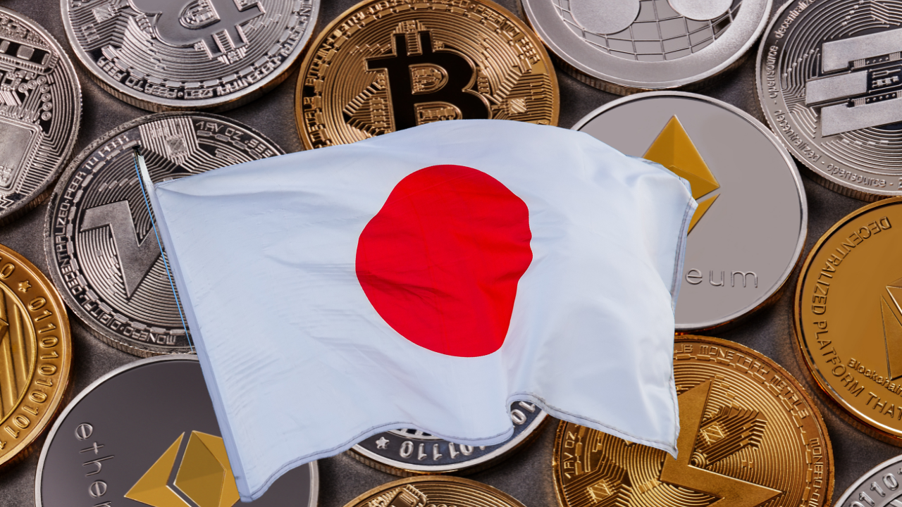 Japan Flag with Cryptocurrencies like Bitcoin, Ethereum and Doge in the back
