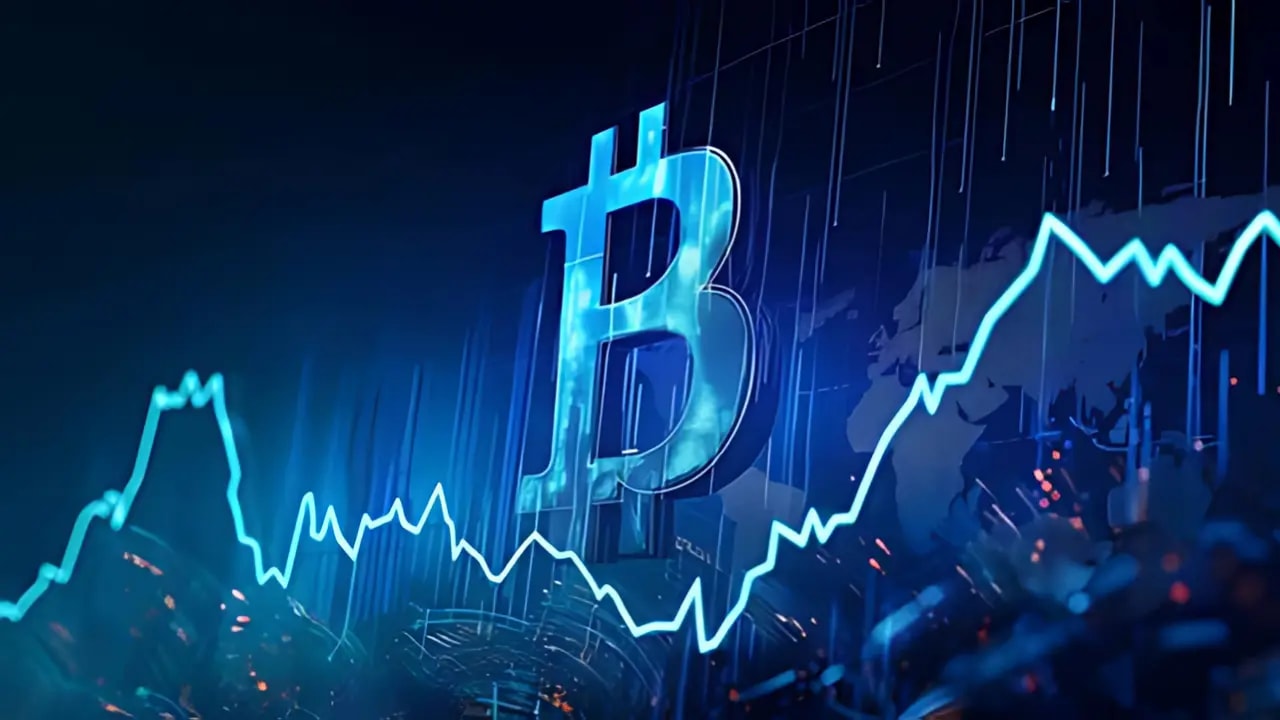 Bitcoin logo in blue colour showing growth