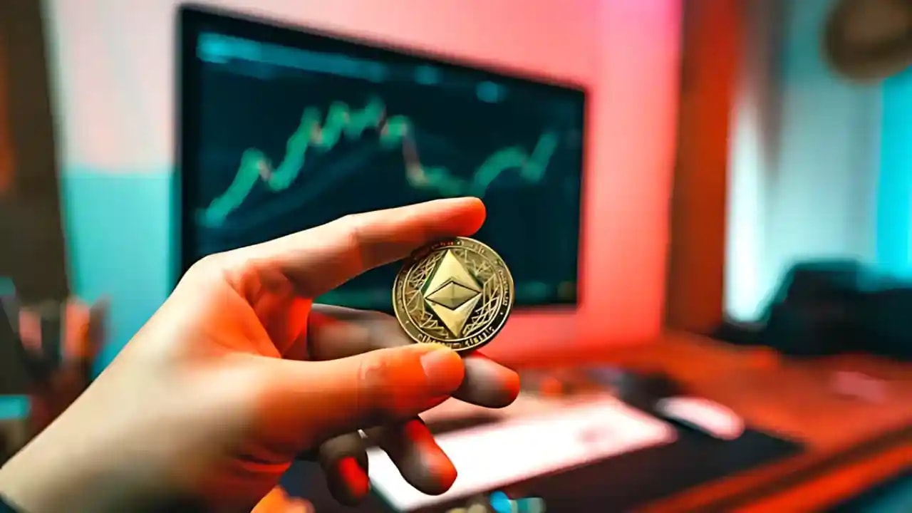 A man holding Ethereum coin charts in background