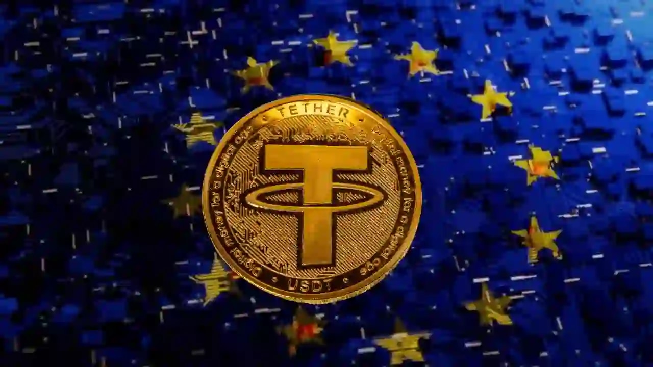 Tether USDT Logo with European Flag in the background