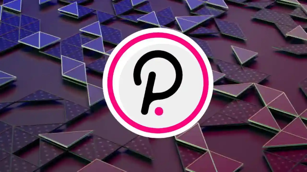 Polkadot logo in black, white and pink colour with crystal background