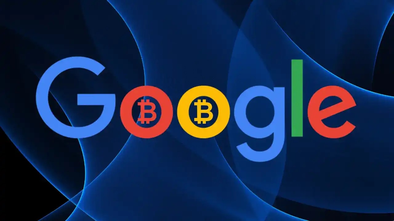 Google logo with bitcoin in it, blue background