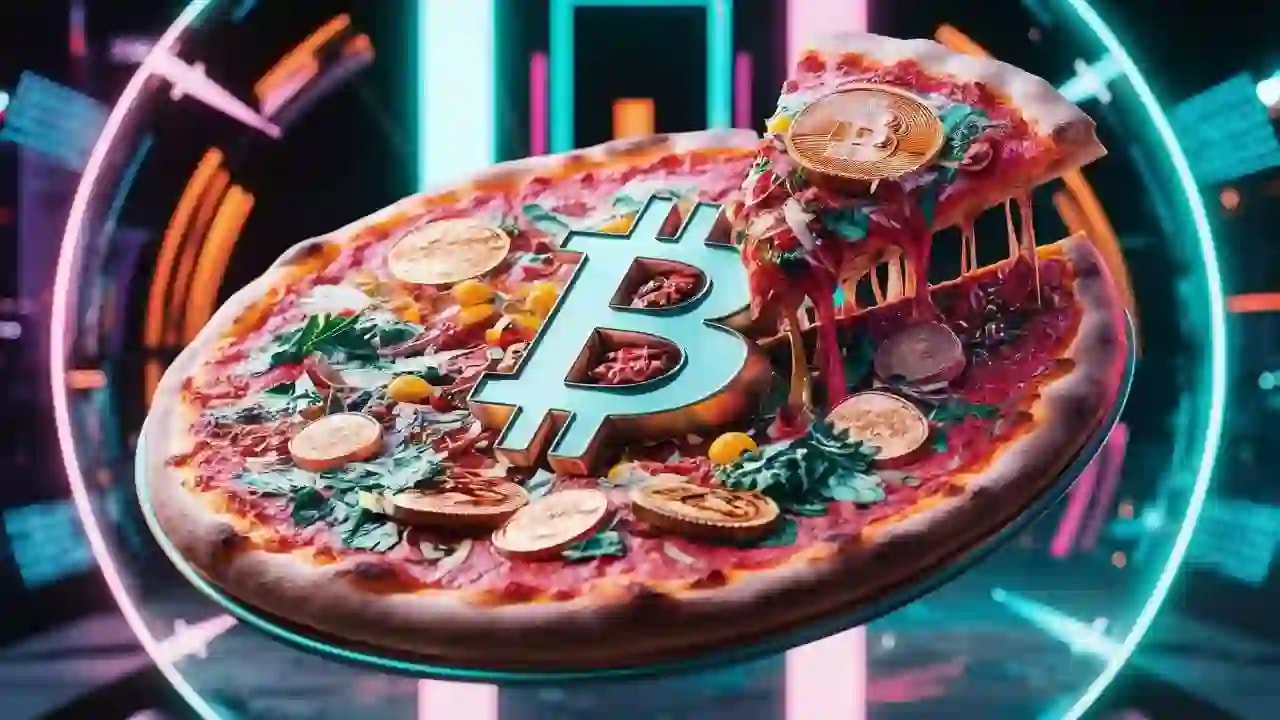 An AI generated image of Pizza with Bitcoin Logo on it