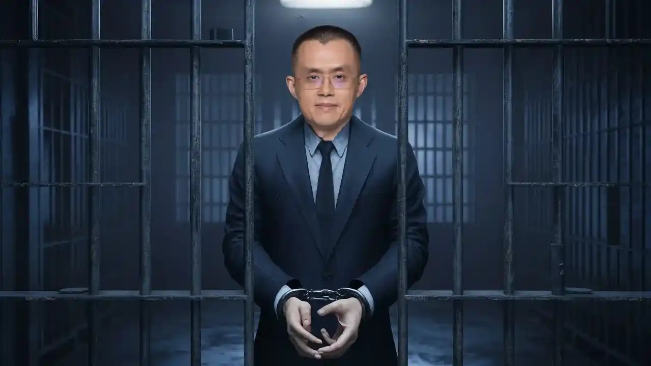 Binance CEO CZ Binance wearing a tie, coat and being in jail