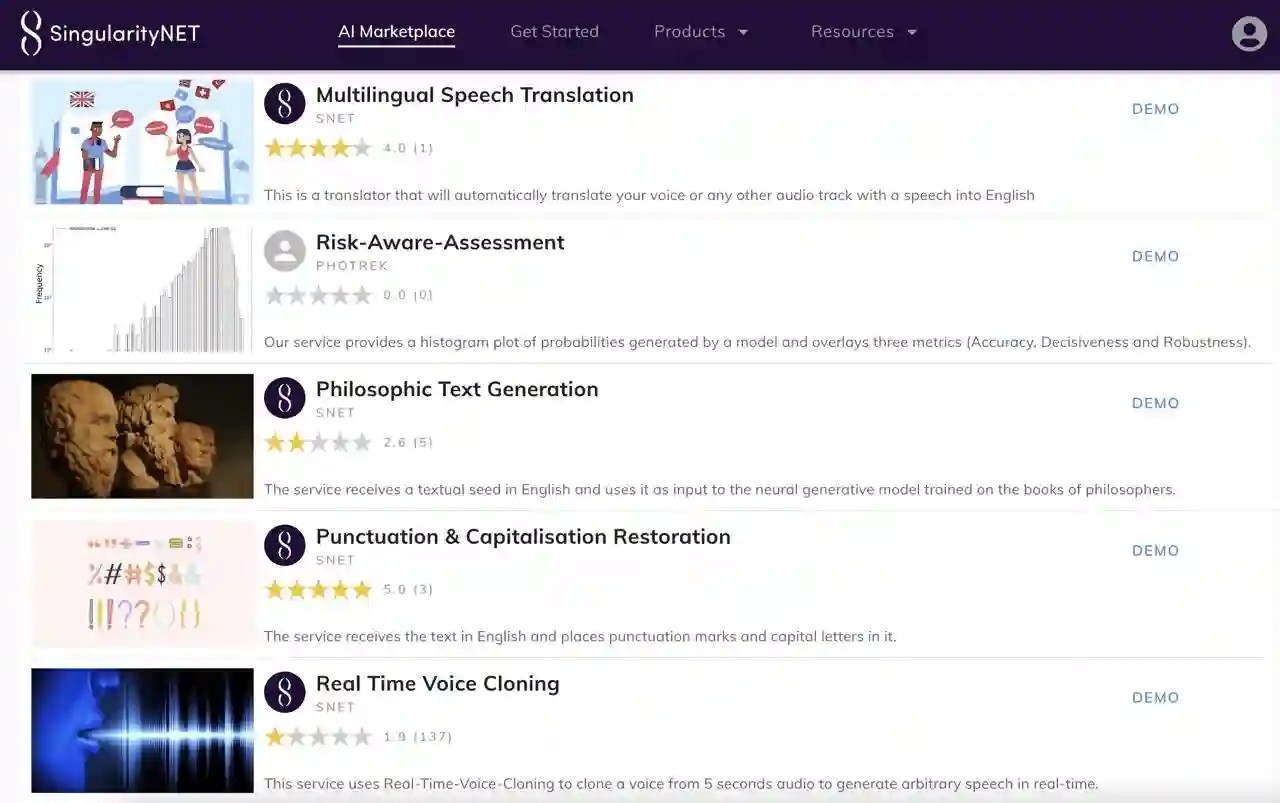 A screenshot of the AGIX AI marketplace showing different projects and features.