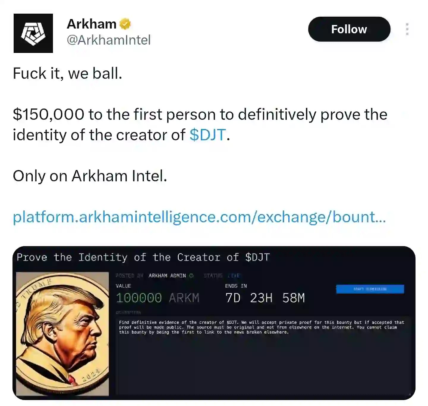 Screenshot of Arkham's tweet about DJT token