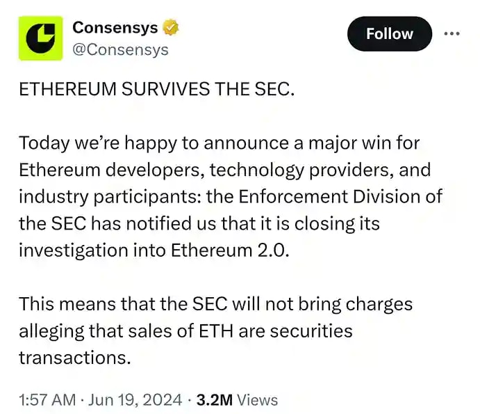 Screenshot of Consensys tweet about Ethereum 