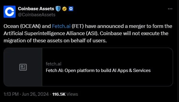 A tweet screenshot from Coinbase Assets about Ocean and Fetch AI merger