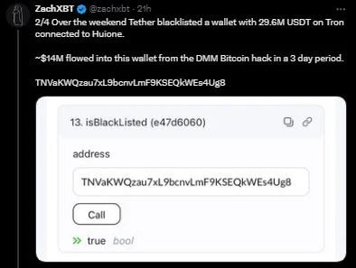 Zach XBT's tweet showing blacklisted wallet