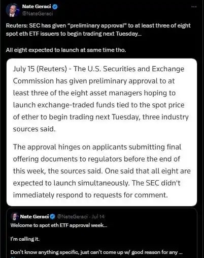 X screenshot of Nate's profile regarding Ether ETF update