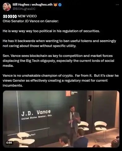 Tweet screenshot showing J.D. Vance giving lecture on Crypto