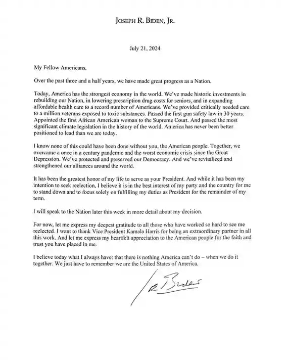 A letter from Joe Biden announcing that he is dropping off 