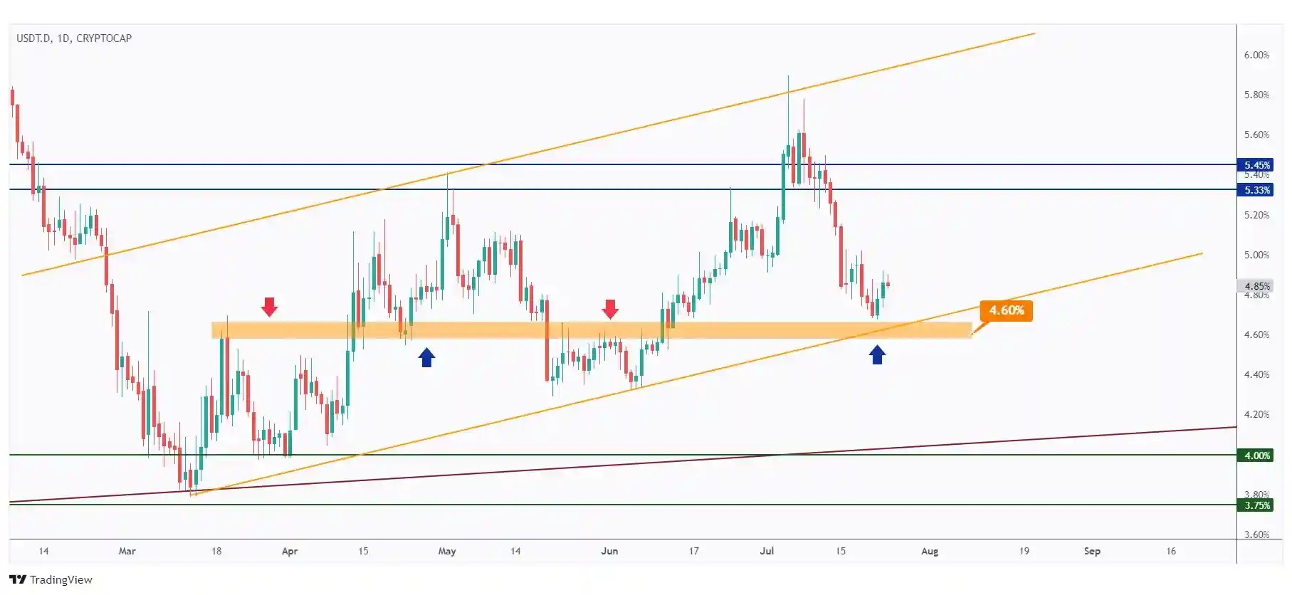 USDT.D DAILY chart overall bullish trading within a rising channel and currently retesting the lower bound.