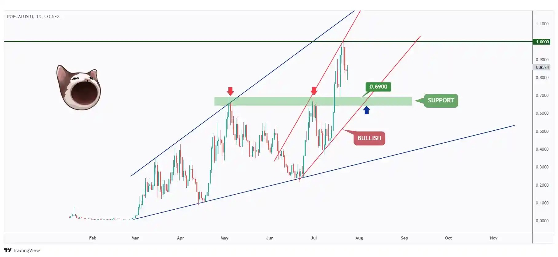 POPCAT daily chart overall bullish trading within a rising channel and currently rejecting the $1 round number.