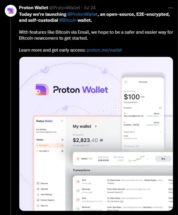 Screenshot from Proton Wallet's X 