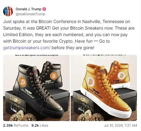 Tweet screenshot of Donald Trump talking about Bitcoin sneakers.