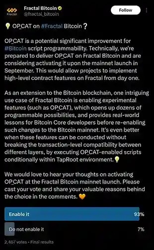 Screenshot from Fractal Bitcoin's X account, explaining What's OP_CAT