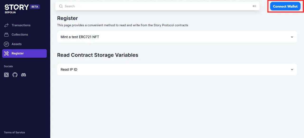 A screenshot showing wallet connect page on Story Sepolia