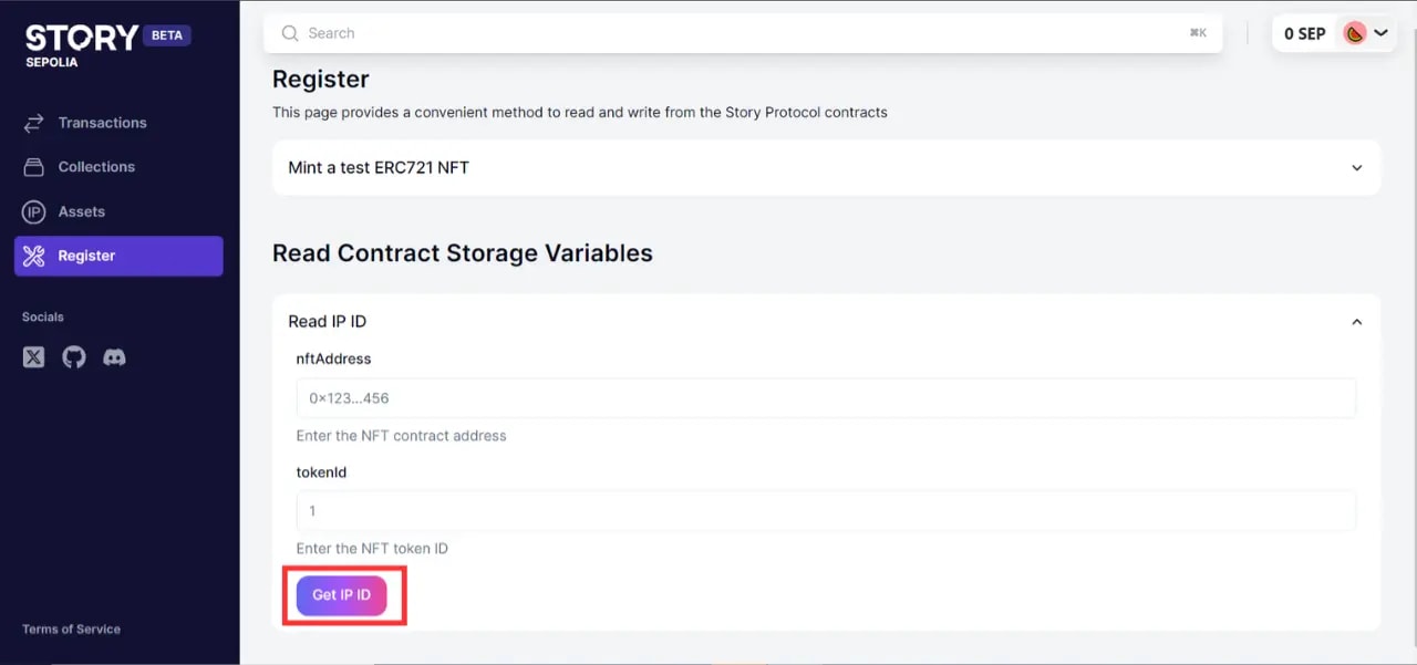 A screenshot from Story Sepolia showing option to get IP ID