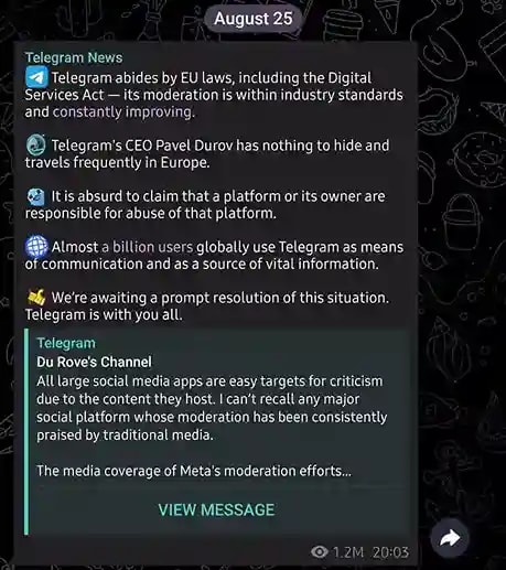 Official announcement regarding Durov case on Telegram official channel