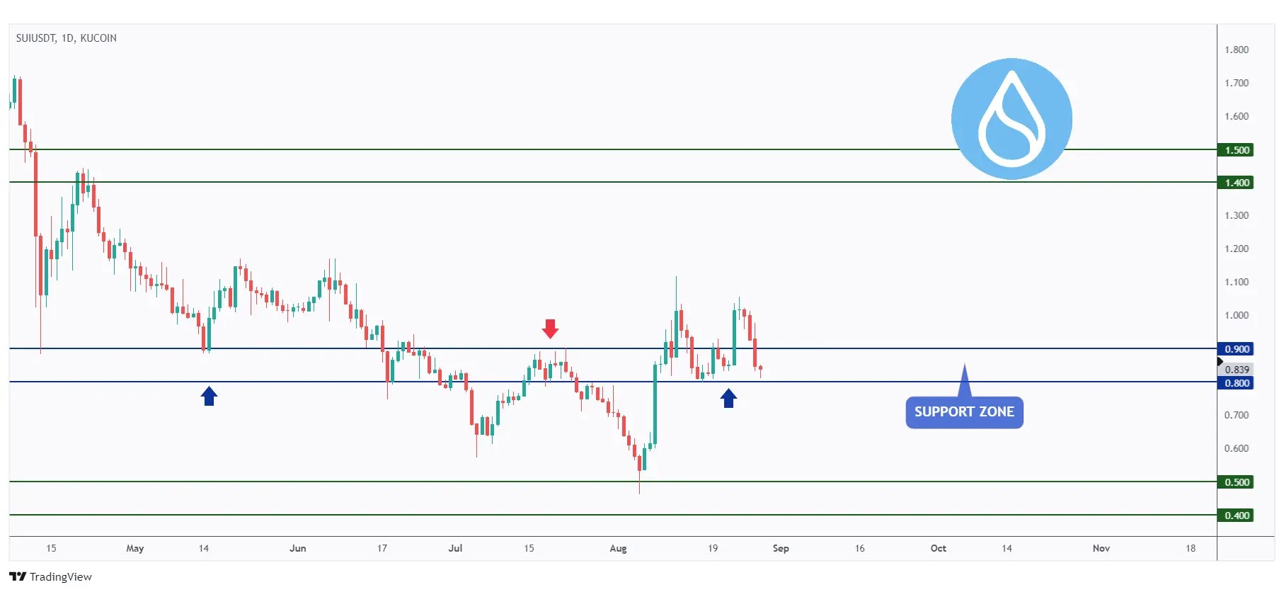 SUI daily chart hovering around a strong support at $0.8.