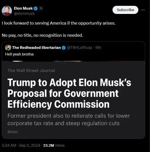 Tweet screenshot of Elon Musk