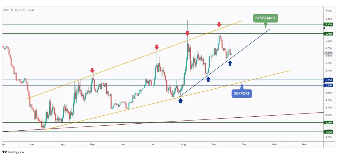 USDT.D daily chart overall bullish and currently rejecting a strong trendline at 5.8%.