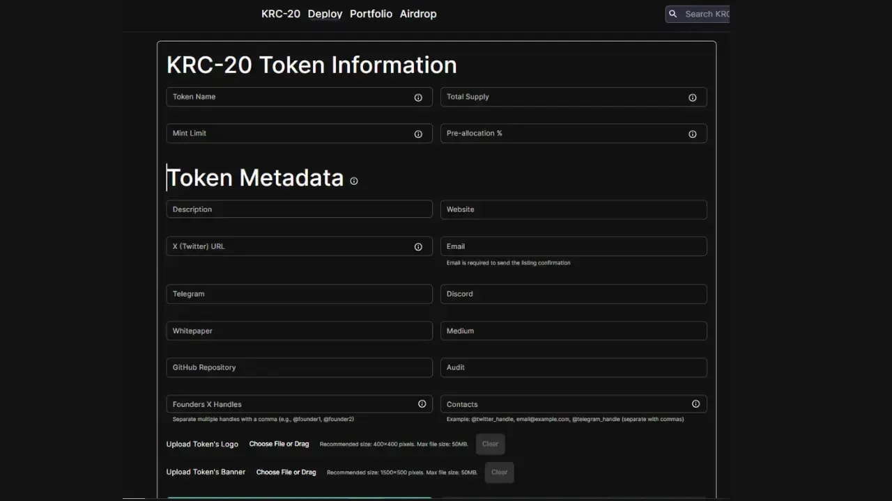 Page with black background where we have to input token information for KRC 20