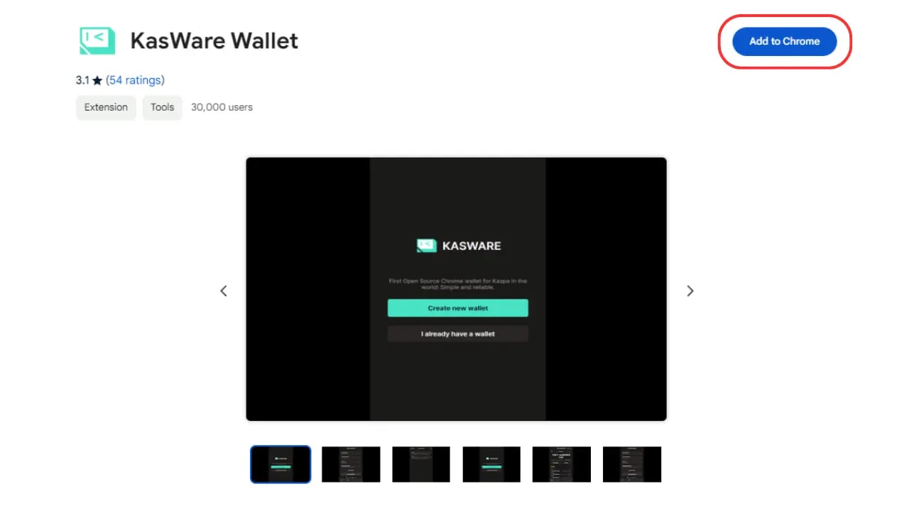 Screenshot from chrome webstore showing how to download KasWare Wallet