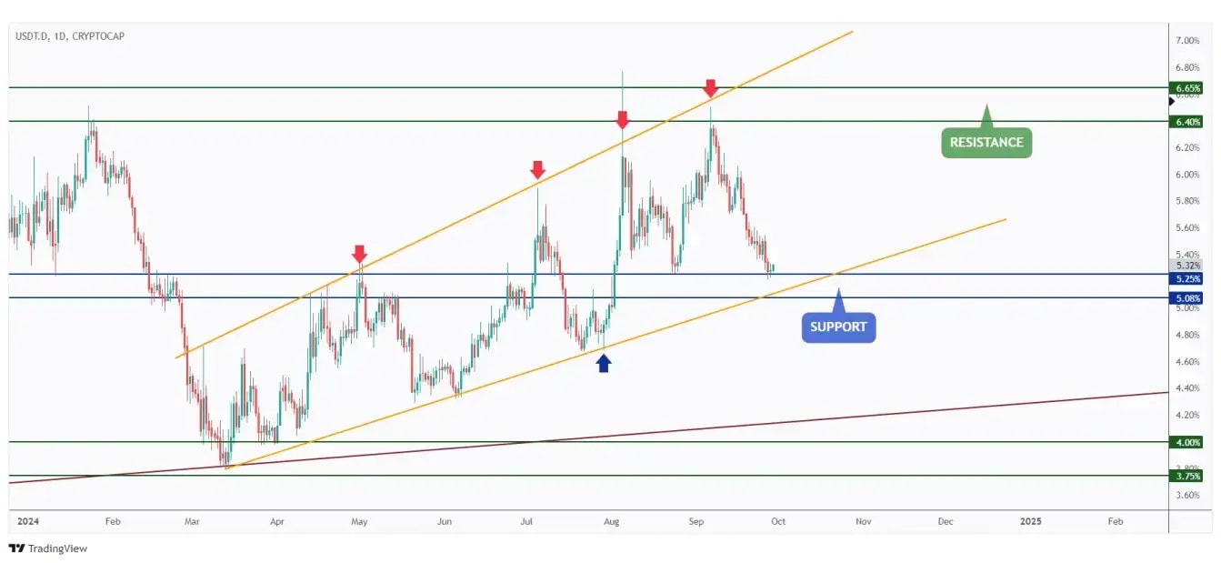 USDT.D daily chart hovering around a strong support and round number 5%.