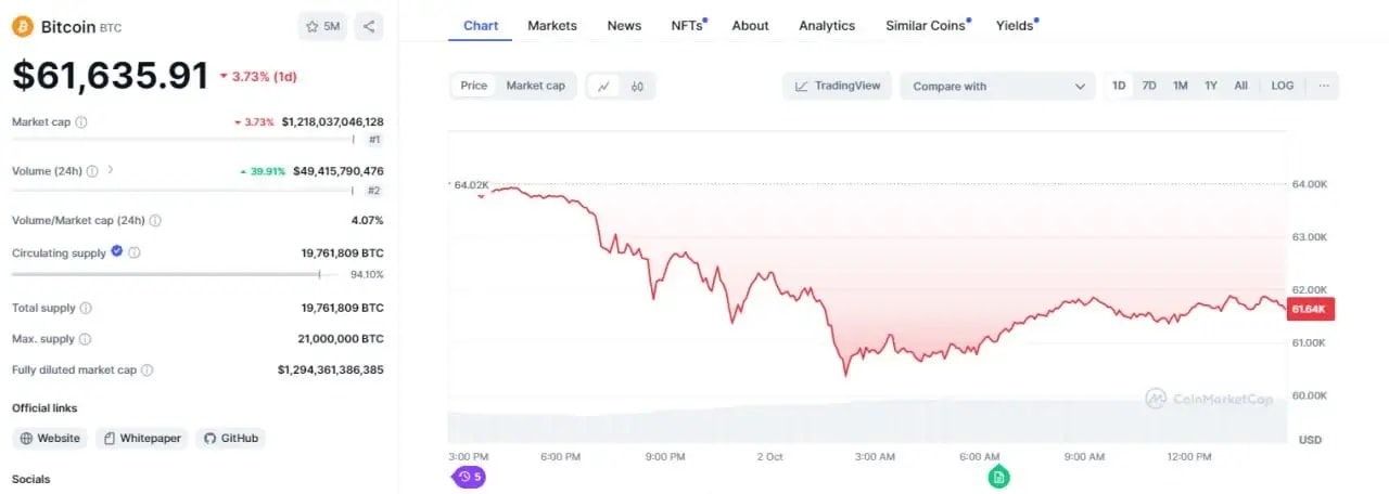 Bitcoin price chart showing Bitcoin price dump