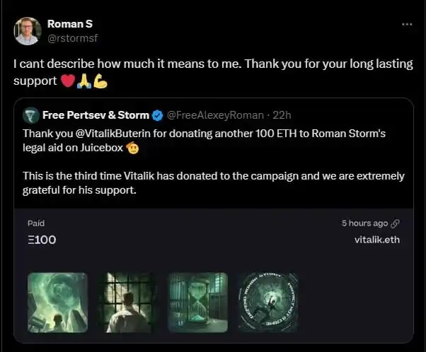 Tweet from Roman Storm thanking Vitalik Buterin for ongoing support