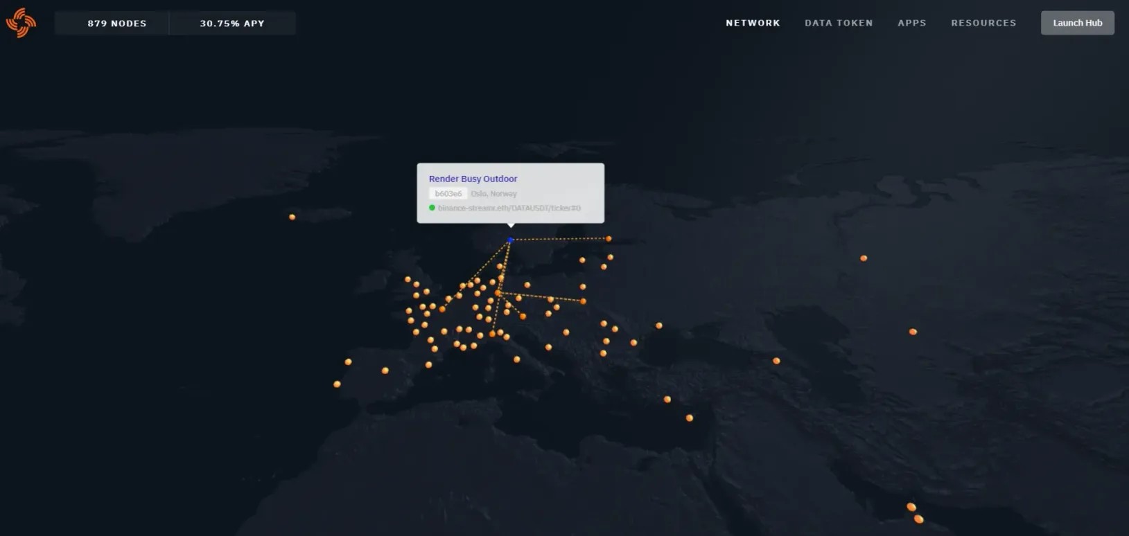 A screenshot from Streamr front page showing its network and how it is all connected.