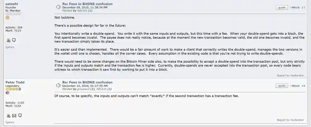 Interaction between Peter Todd and Satoshi Nakamoto