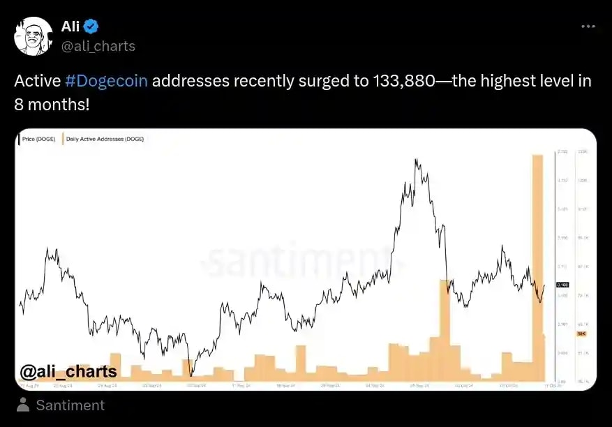 Analyst Ali showing increase in active Dogecoin addresses