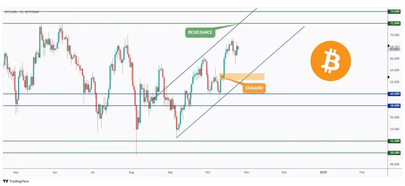 BTC daily chart overall bullish trading within a rising channel and currently hovering in the middle of the channel providing no edge for investors.