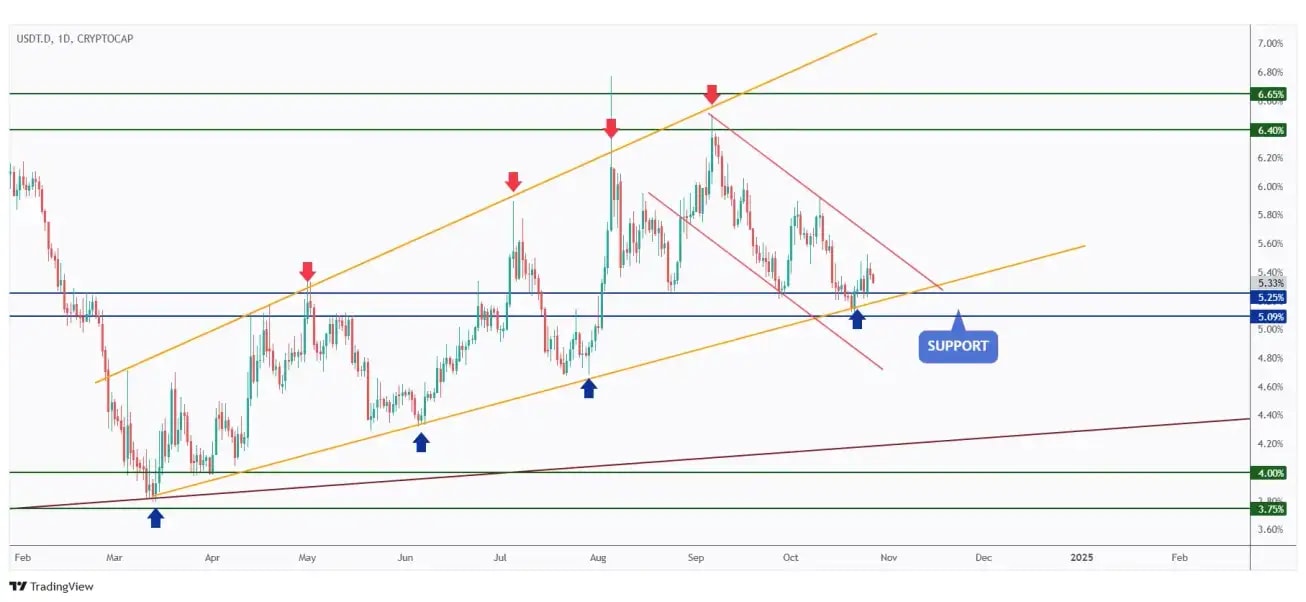 USDT.D daily chart overall bearish trading within a falling channel.