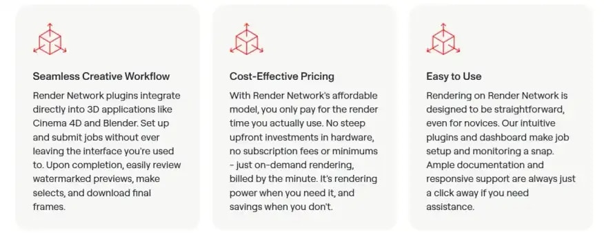 A screenshot from the Render website showing 3 of the features including Cost-Effective and Easy to use.