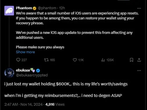 Official tweet from Phantom wallet, confirming their app's glitch